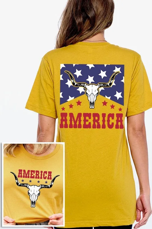 America Bull Skull Graphic T Shirts