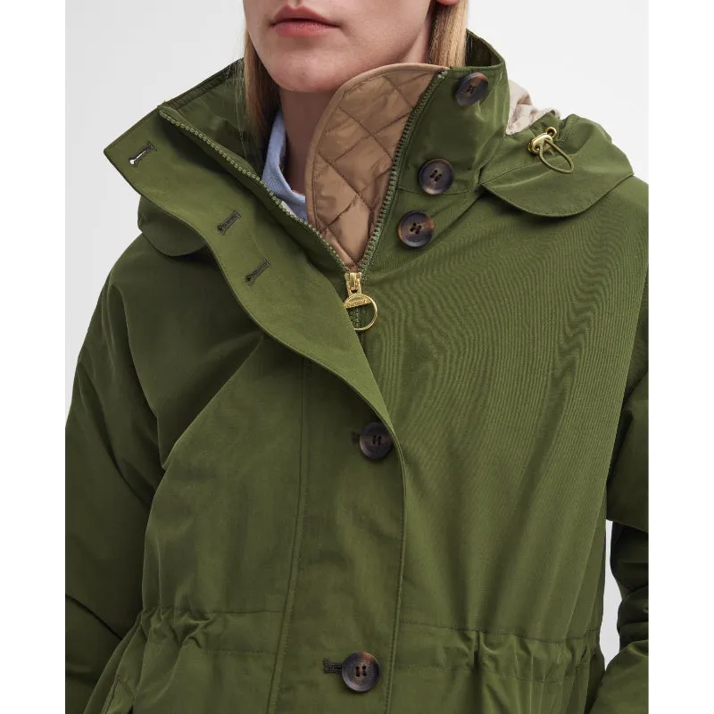 Barbour Iris Waterproof Ladies Jacket - Dark Moss/Light Sand/Pastel Pink