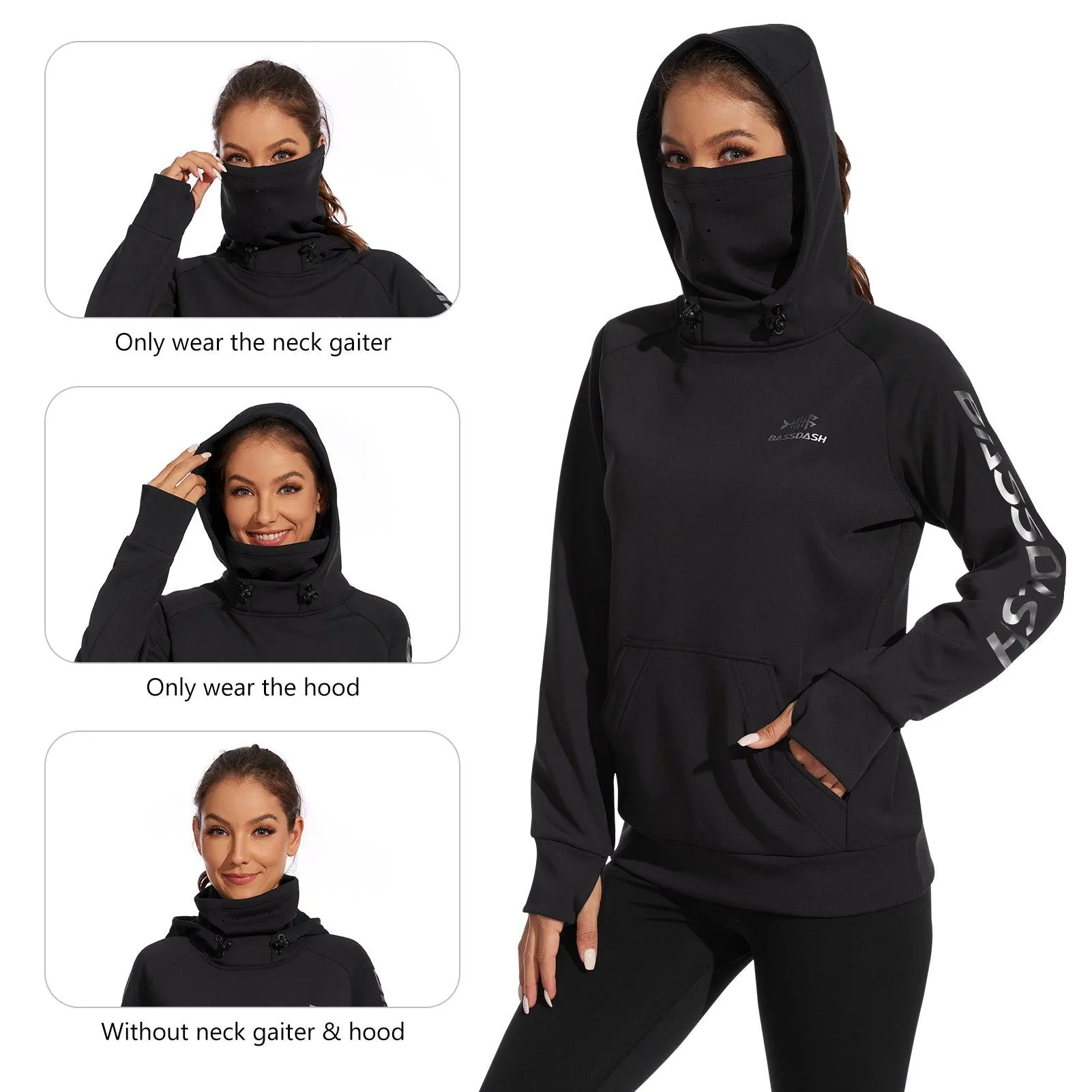 BASSDASH Women’s Fleece Hoodie with Neck Gaiter