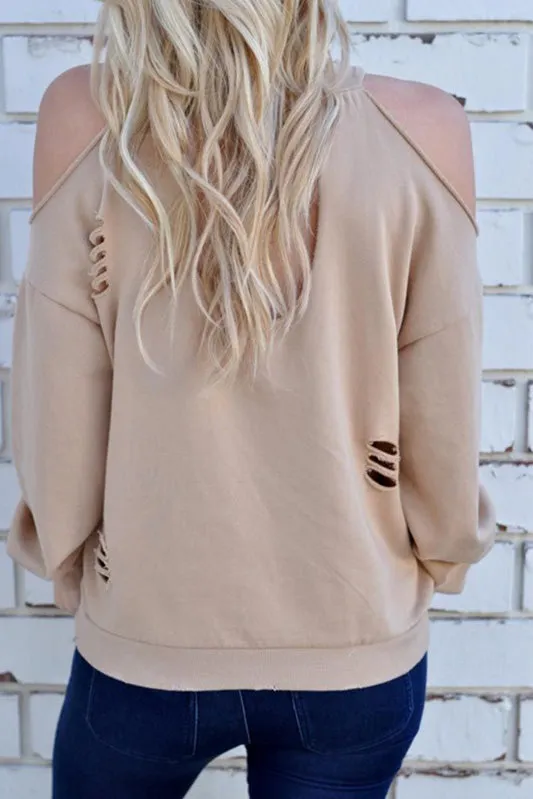 Bear Shoulder Cut Out Loose Pure Color Sweatshirt