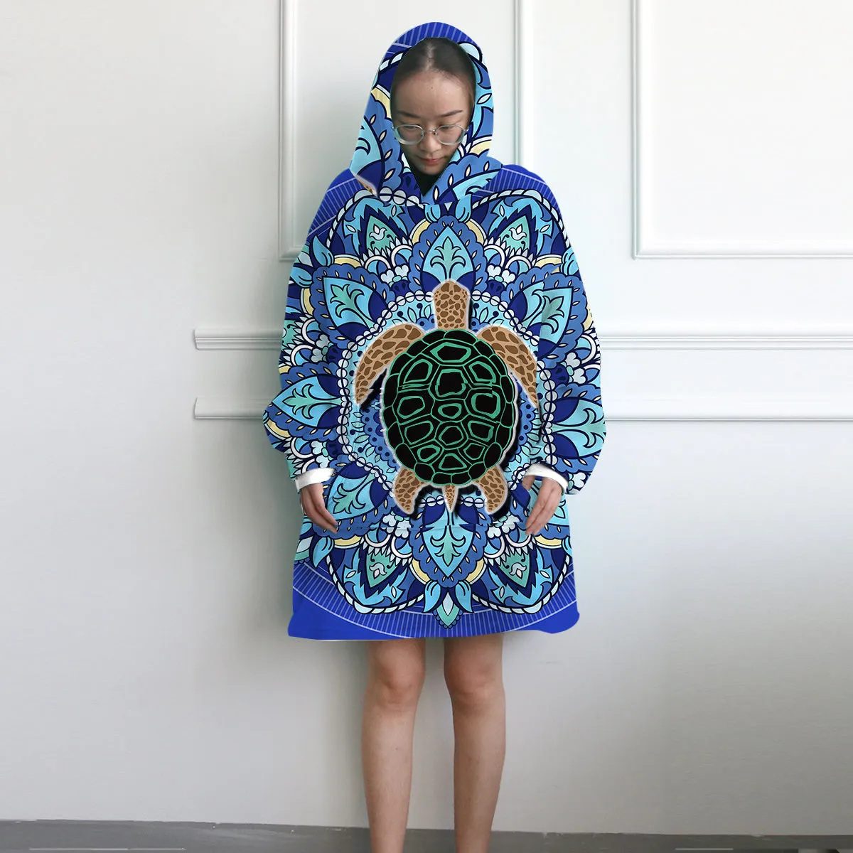 Blue Mandala Turtle Wearable Blanket Hoodie