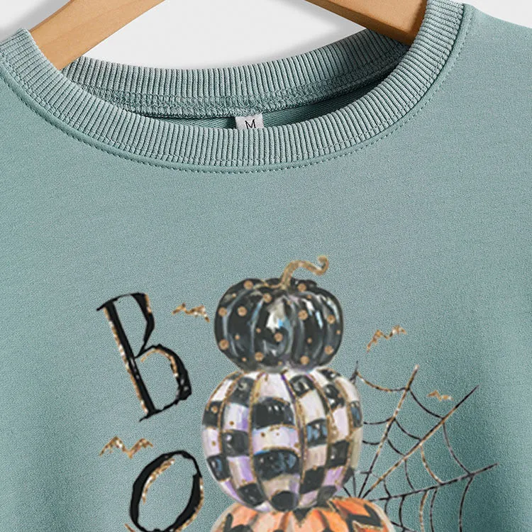 BOO Pumpkin Spider Letter Printing Halloween Bottom Long Sleeve Plus Size Sweater Girl