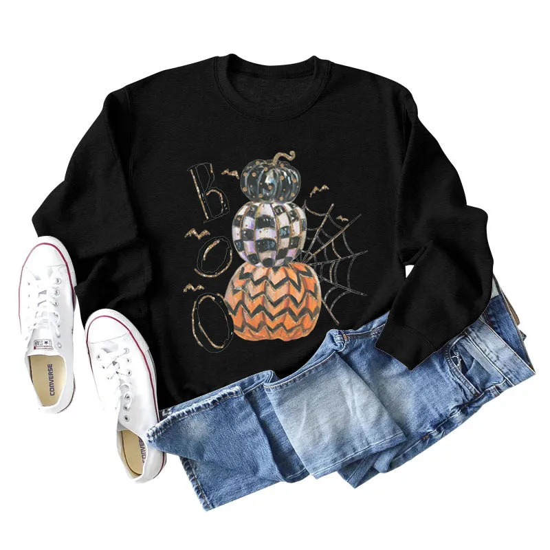 BOO Pumpkin Spider Letter Printing Halloween Bottom Long Sleeve Plus Size Sweater Girl