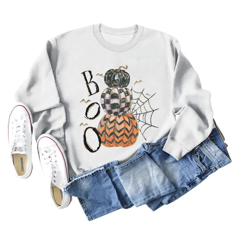 BOO Pumpkin Spider Letter Printing Halloween Bottom Long Sleeve Plus Size Sweater Girl