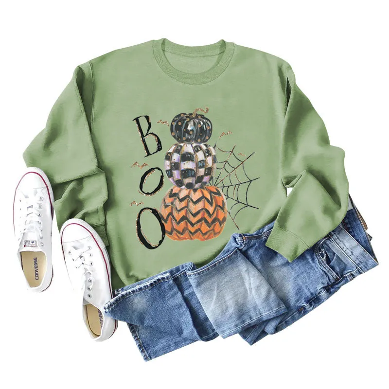 BOO Pumpkin Spider Letter Printing Halloween Bottom Long Sleeve Plus Size Sweater Girl