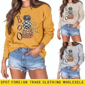 BOO Pumpkin Spider Letter Printing Halloween Bottom Long Sleeve Plus Size Sweater Girl