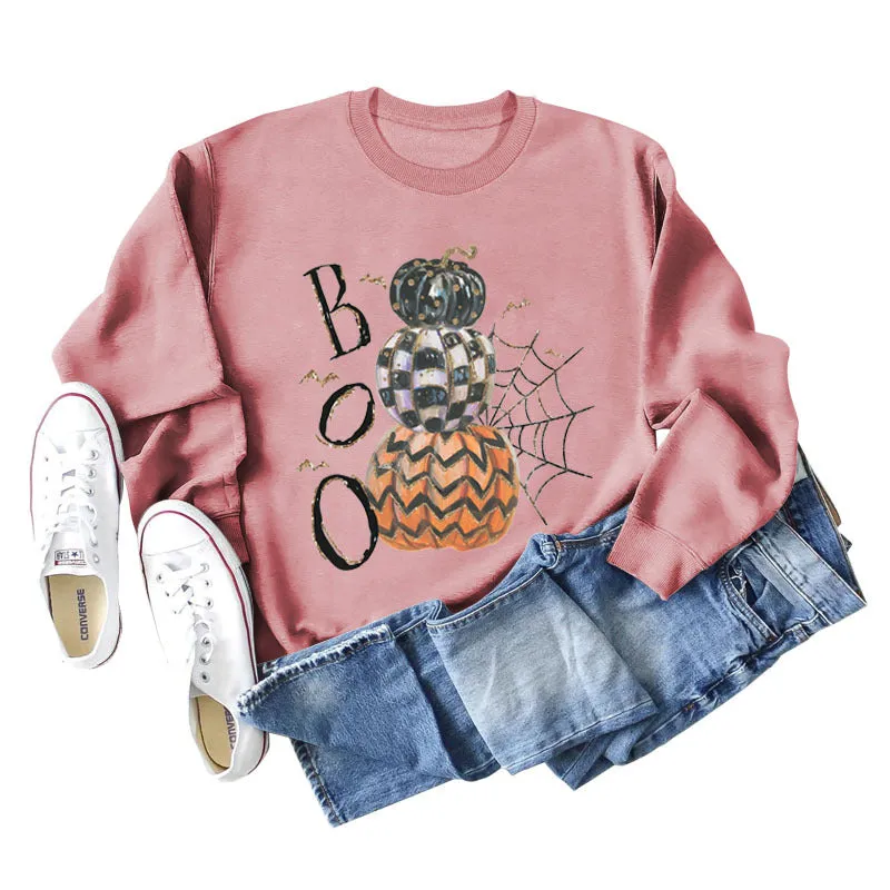 BOO Pumpkin Spider Letter Printing Halloween Bottom Long Sleeve Plus Size Sweater Girl