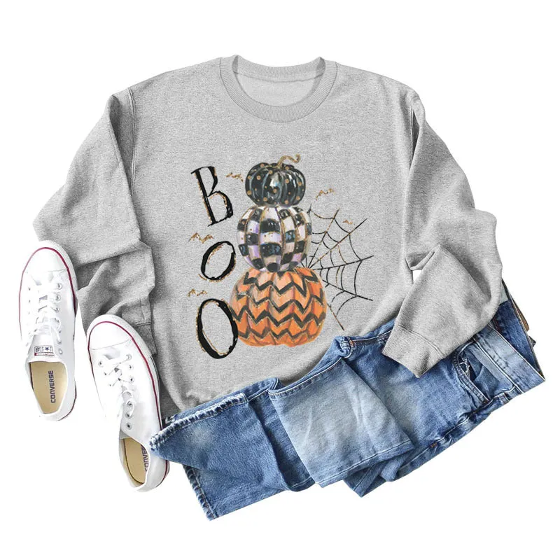 BOO Pumpkin Spider Letter Printing Halloween Bottom Long Sleeve Plus Size Sweater Girl