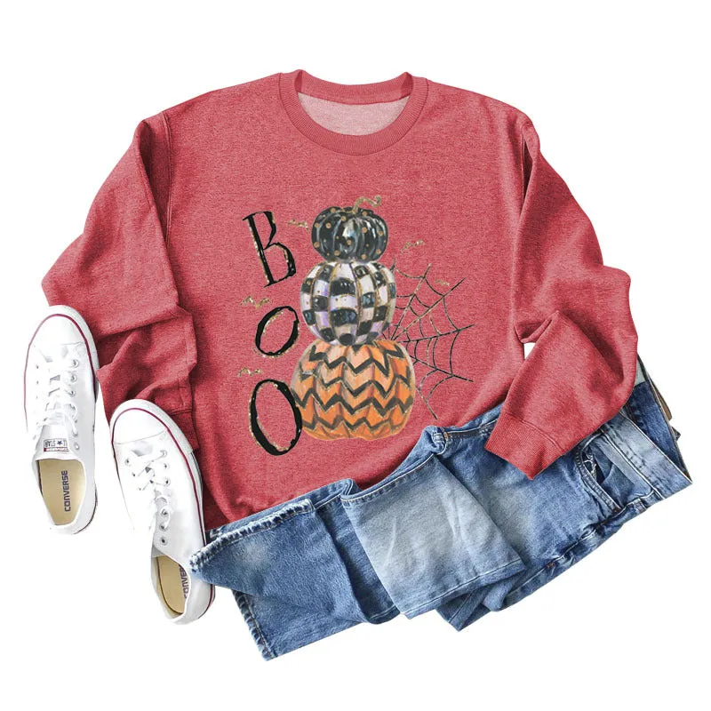 BOO Pumpkin Spider Letter Printing Halloween Bottom Long Sleeve Plus Size Sweater Girl