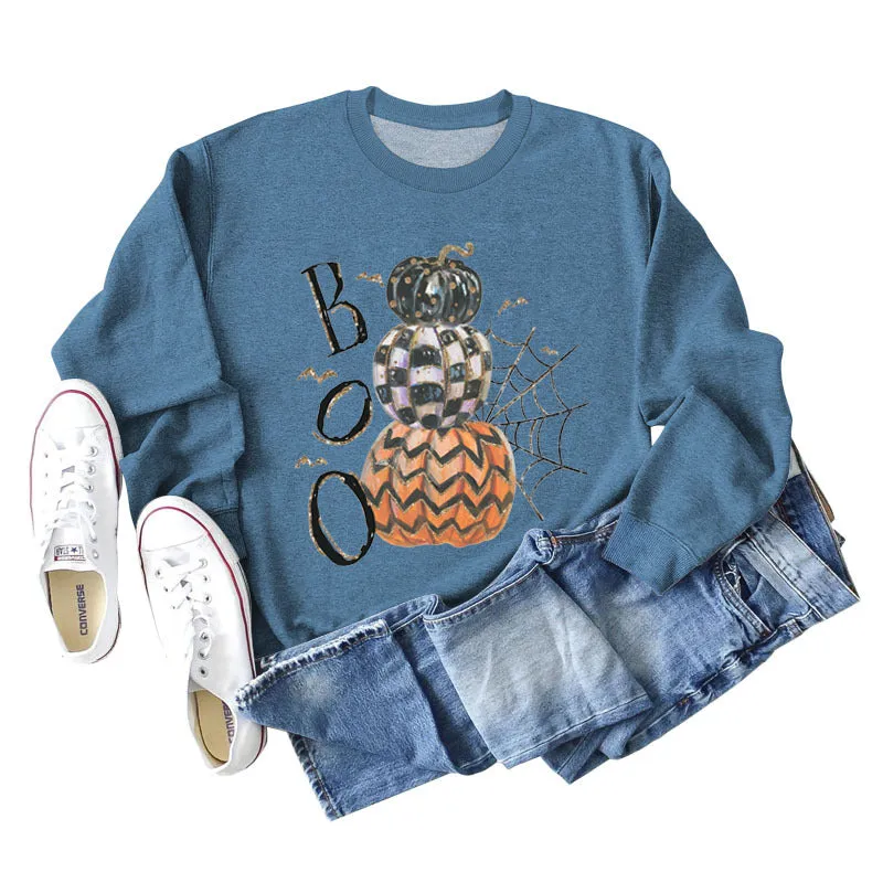 BOO Pumpkin Spider Letter Printing Halloween Bottom Long Sleeve Plus Size Sweater Girl