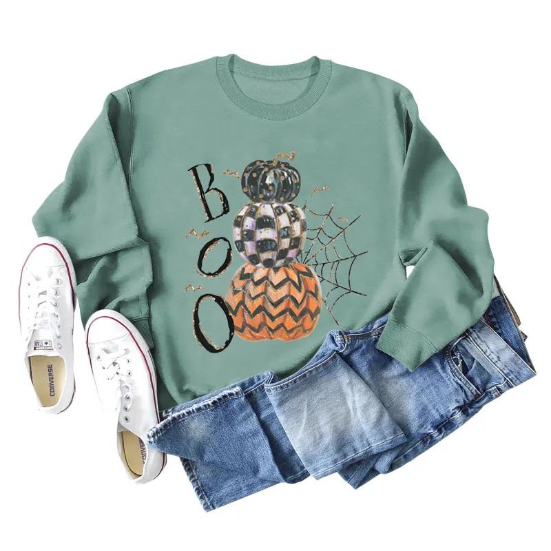 BOO Pumpkin Spider Letter Printing Halloween Bottom Long Sleeve Plus Size Sweater Girl