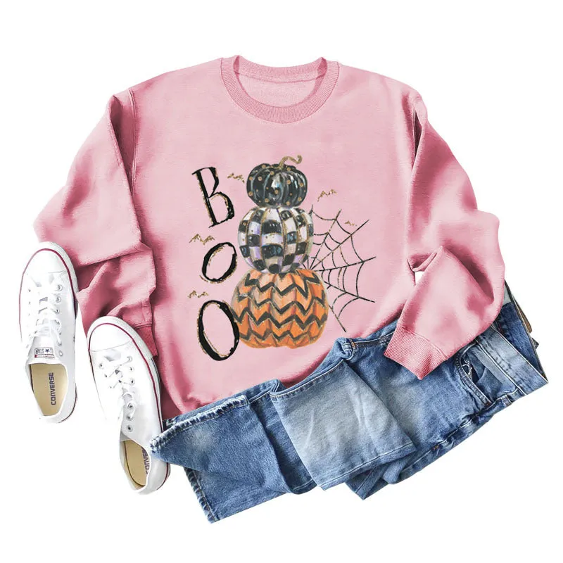 BOO Pumpkin Spider Letter Printing Halloween Bottom Long Sleeve Plus Size Sweater Girl