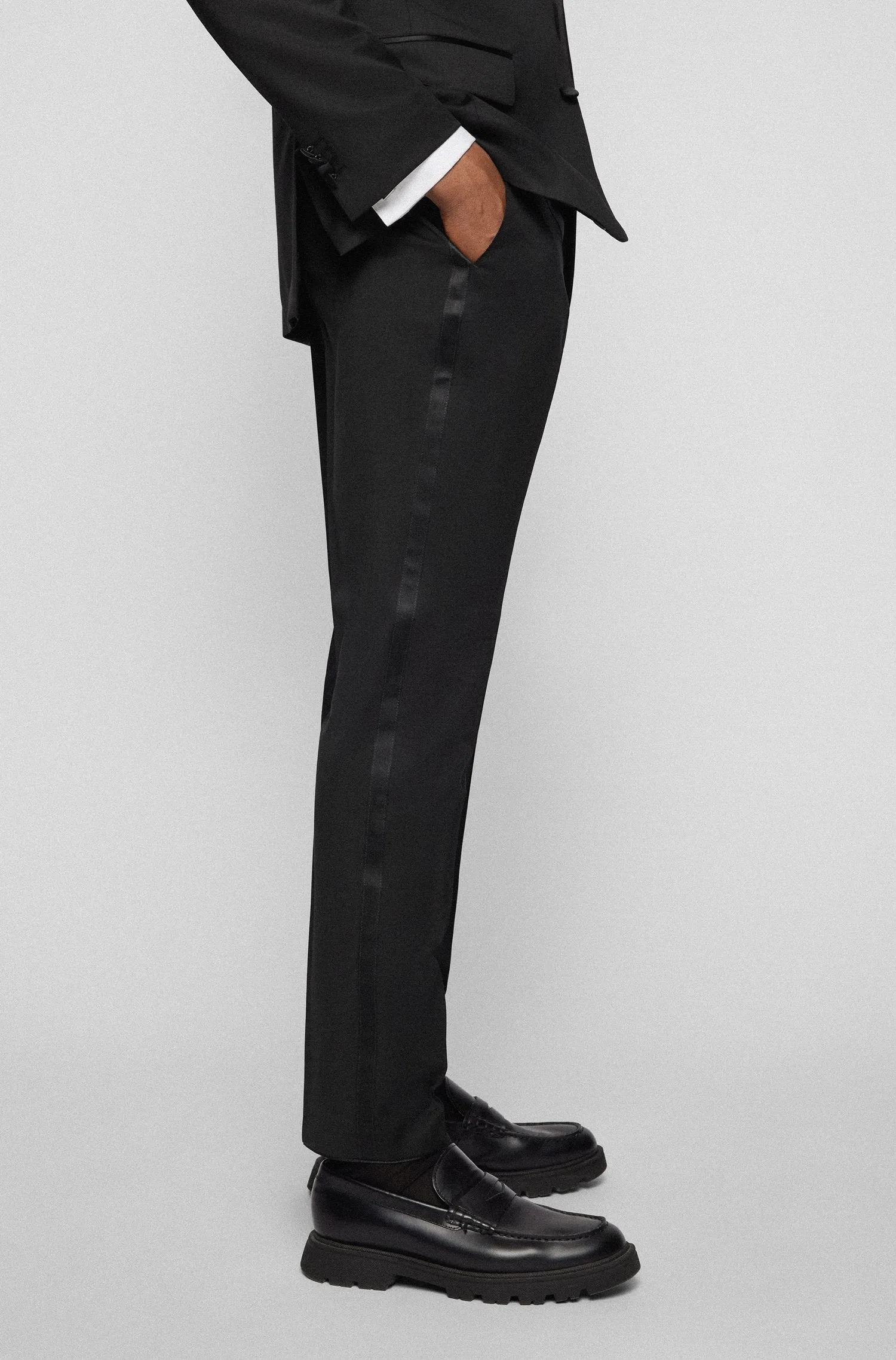 Boss Slim-fit Virgin-wool Tuxedo Trousers - Black