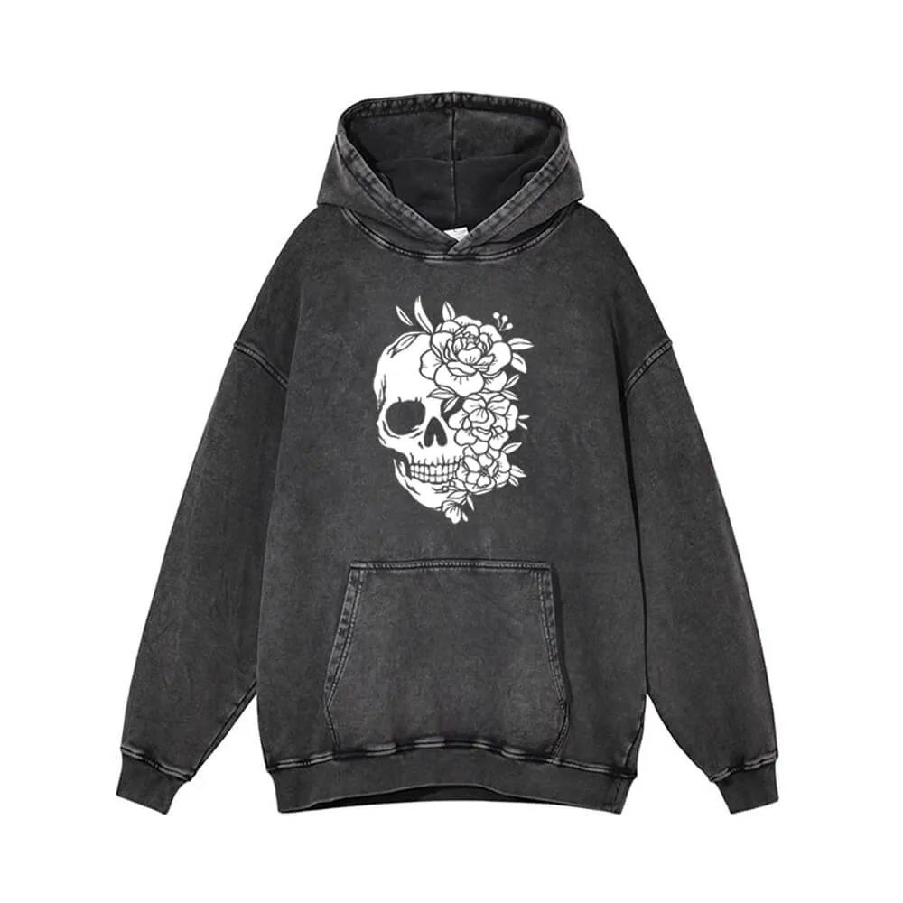 Flower Half Face Skull Vintage Washed Hoodie