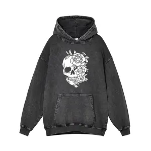 Flower Half Face Skull Vintage Washed Hoodie