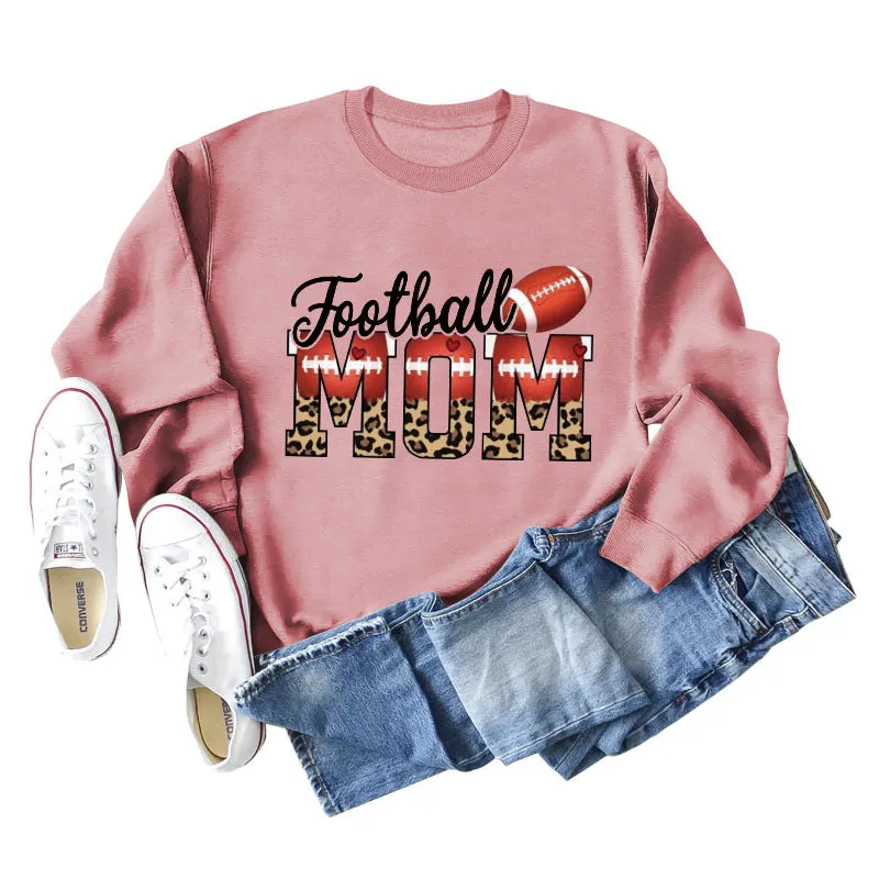 Football Mom Love Leopard Rugby Letter Crew Neck Large Long Sleeve Sweatshirt Women