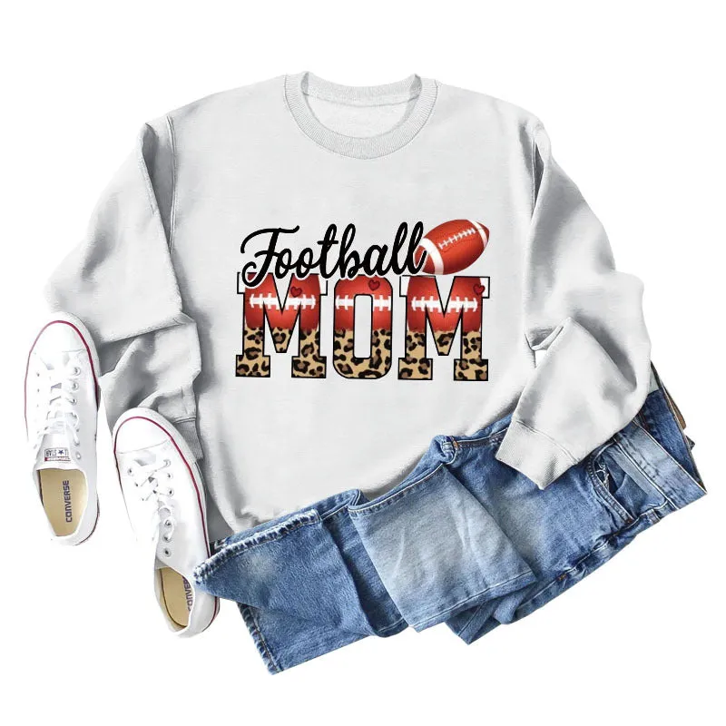 Football Mom Love Leopard Rugby Letter Crew Neck Large Long Sleeve Sweatshirt Women