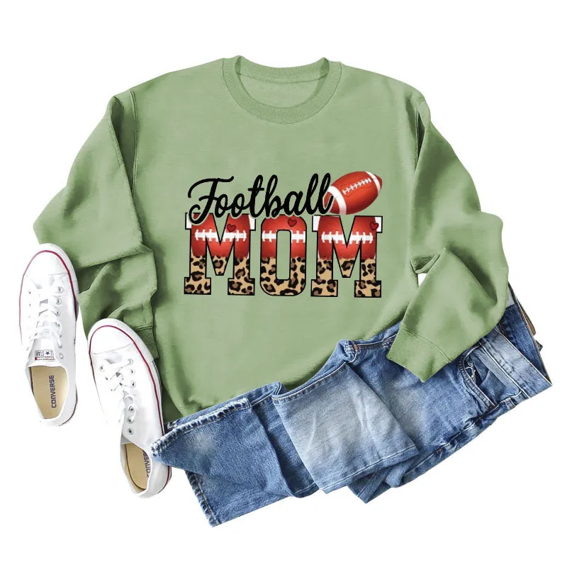 Football Mom Love Leopard Rugby Letter Crew Neck Large Long Sleeve Sweatshirt Women