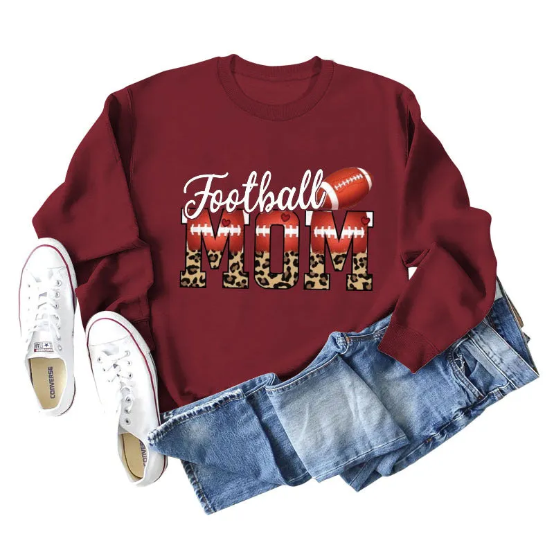 Football Mom Love Leopard Rugby Letter Crew Neck Large Long Sleeve Sweatshirt Women