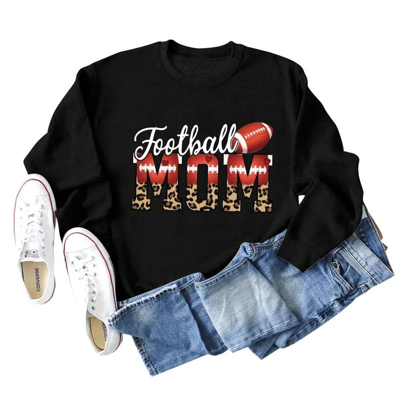 Football Mom Love Leopard Rugby Letter Crew Neck Large Long Sleeve Sweatshirt Women