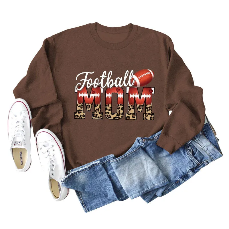 Football Mom Love Leopard Rugby Letter Crew Neck Large Long Sleeve Sweatshirt Women