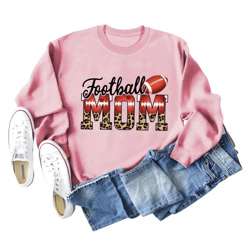 Football Mom Love Leopard Rugby Letter Crew Neck Large Long Sleeve Sweatshirt Women