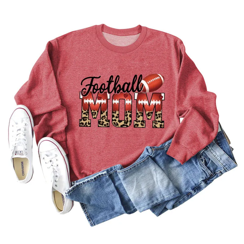 Football Mom Love Leopard Rugby Letter Crew Neck Large Long Sleeve Sweatshirt Women