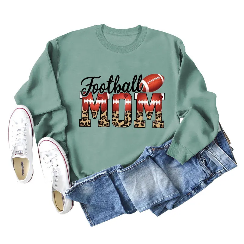 Football Mom Love Leopard Rugby Letter Crew Neck Large Long Sleeve Sweatshirt Women