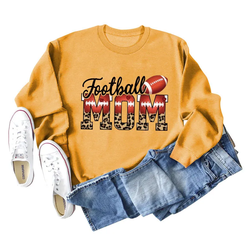 Football Mom Love Leopard Rugby Letter Crew Neck Large Long Sleeve Sweatshirt Women