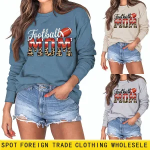 Football Mom Love Leopard Rugby Letter Crew Neck Large Long Sleeve Sweatshirt Women