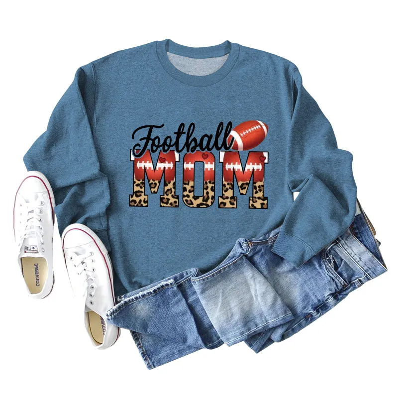 Football Mom Love Leopard Rugby Letter Crew Neck Large Long Sleeve Sweatshirt Women