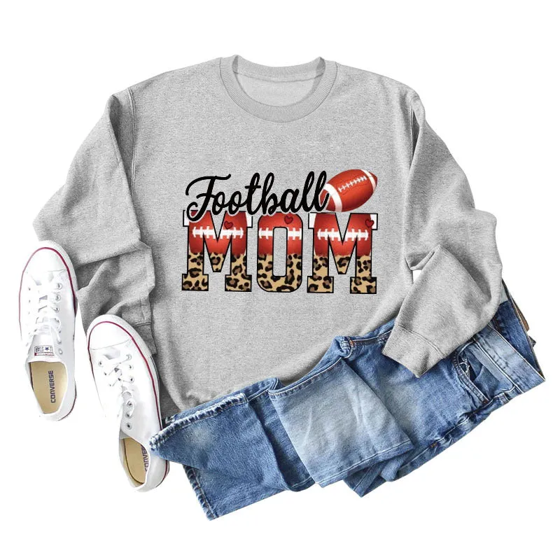 Football Mom Love Leopard Rugby Letter Crew Neck Large Long Sleeve Sweatshirt Women