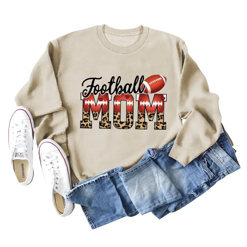 Football Mom Love Leopard Rugby Letter Crew Neck Large Long Sleeve Sweatshirt Women