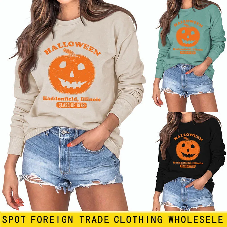 Halloween Haddonfield Letter Print Loose Long Sleeve Sweater Girl