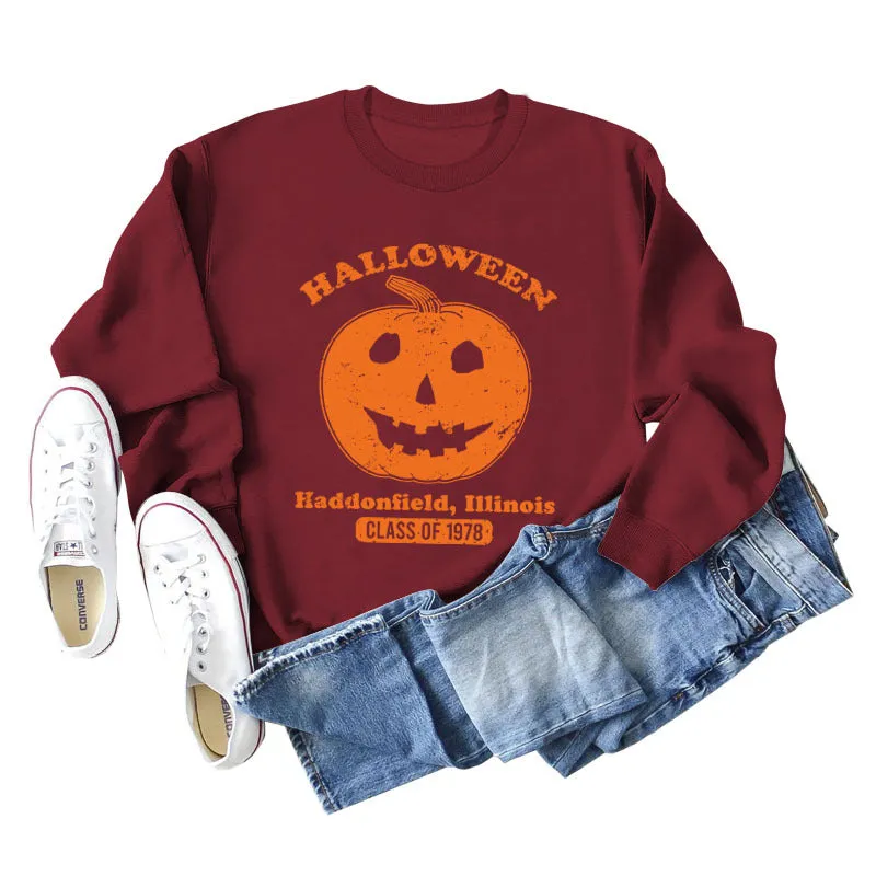 Halloween Haddonfield Letter Print Loose Long Sleeve Sweater Girl