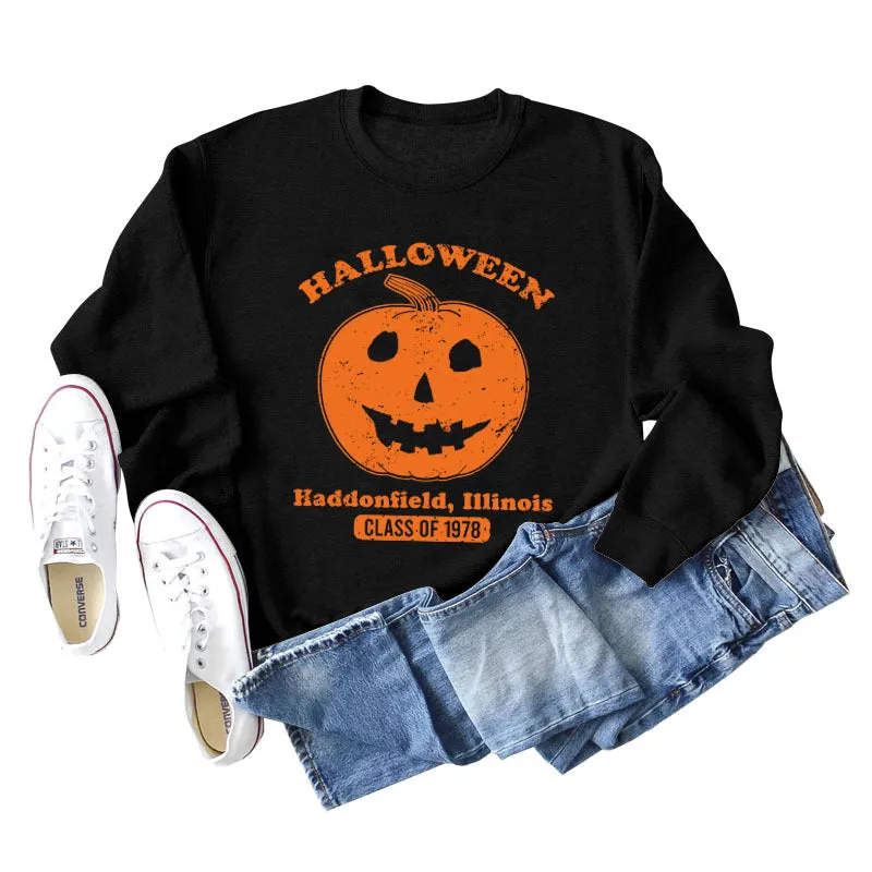 Halloween Haddonfield Letter Print Loose Long Sleeve Sweater Girl