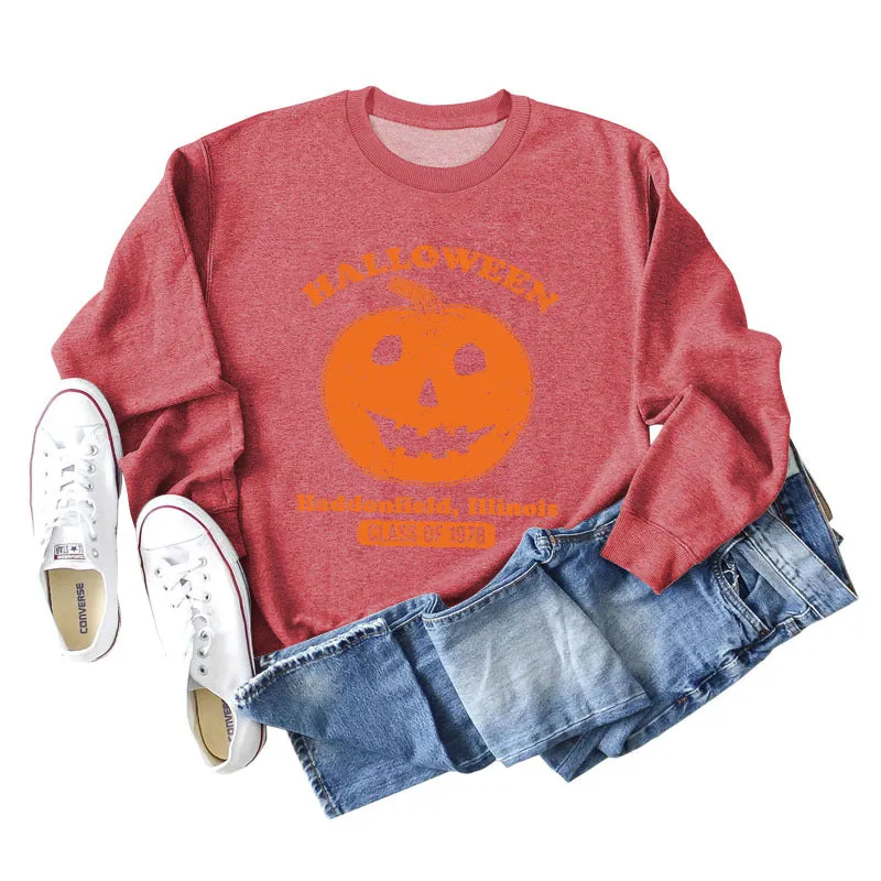 Halloween Haddonfield Letter Print Loose Long Sleeve Sweater Girl