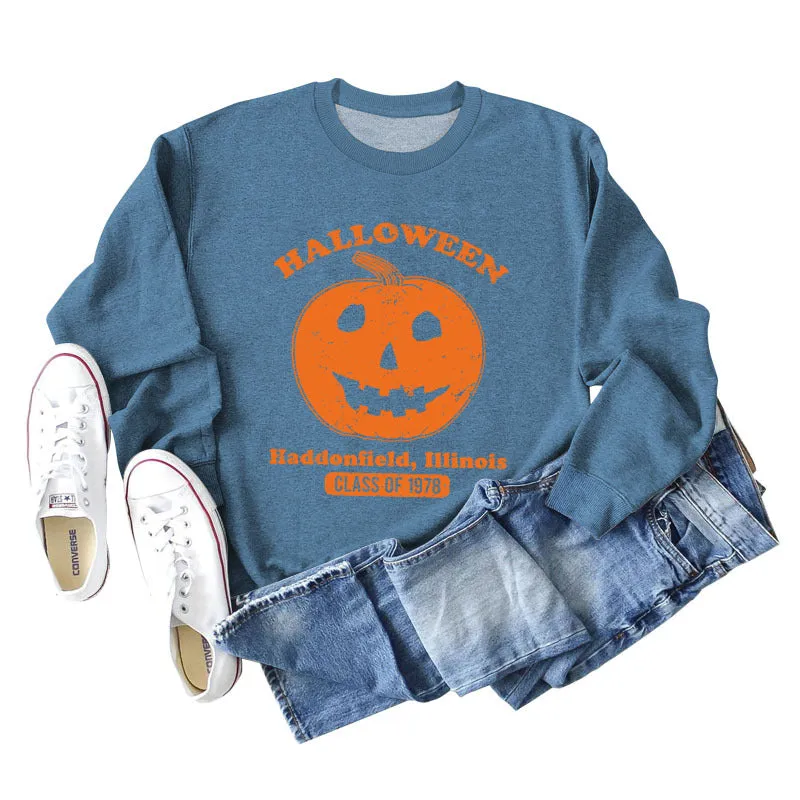 Halloween Haddonfield Letter Print Loose Long Sleeve Sweater Girl