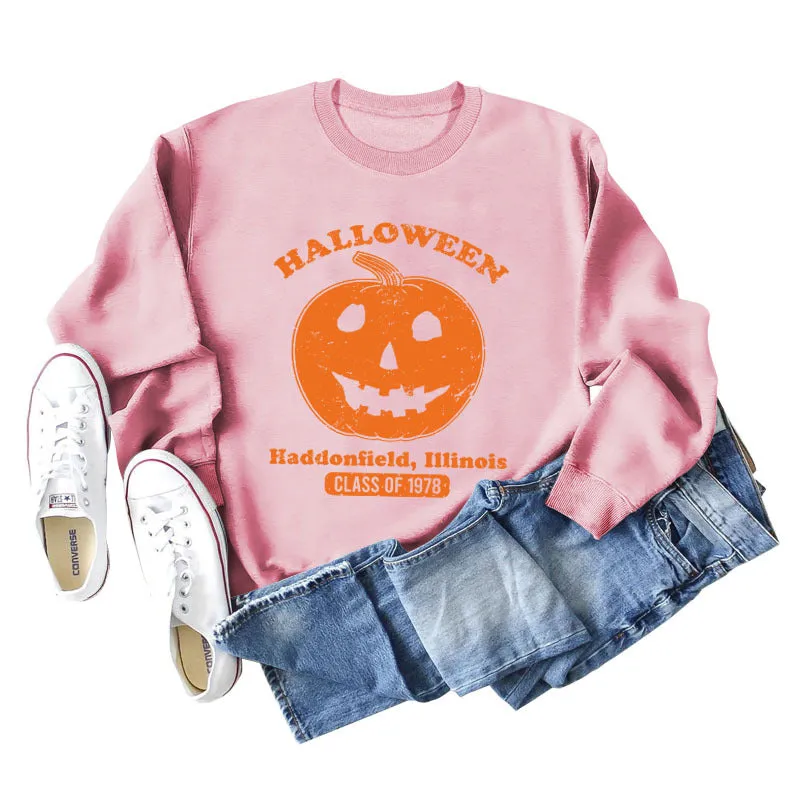 Halloween Haddonfield Letter Print Loose Long Sleeve Sweater Girl