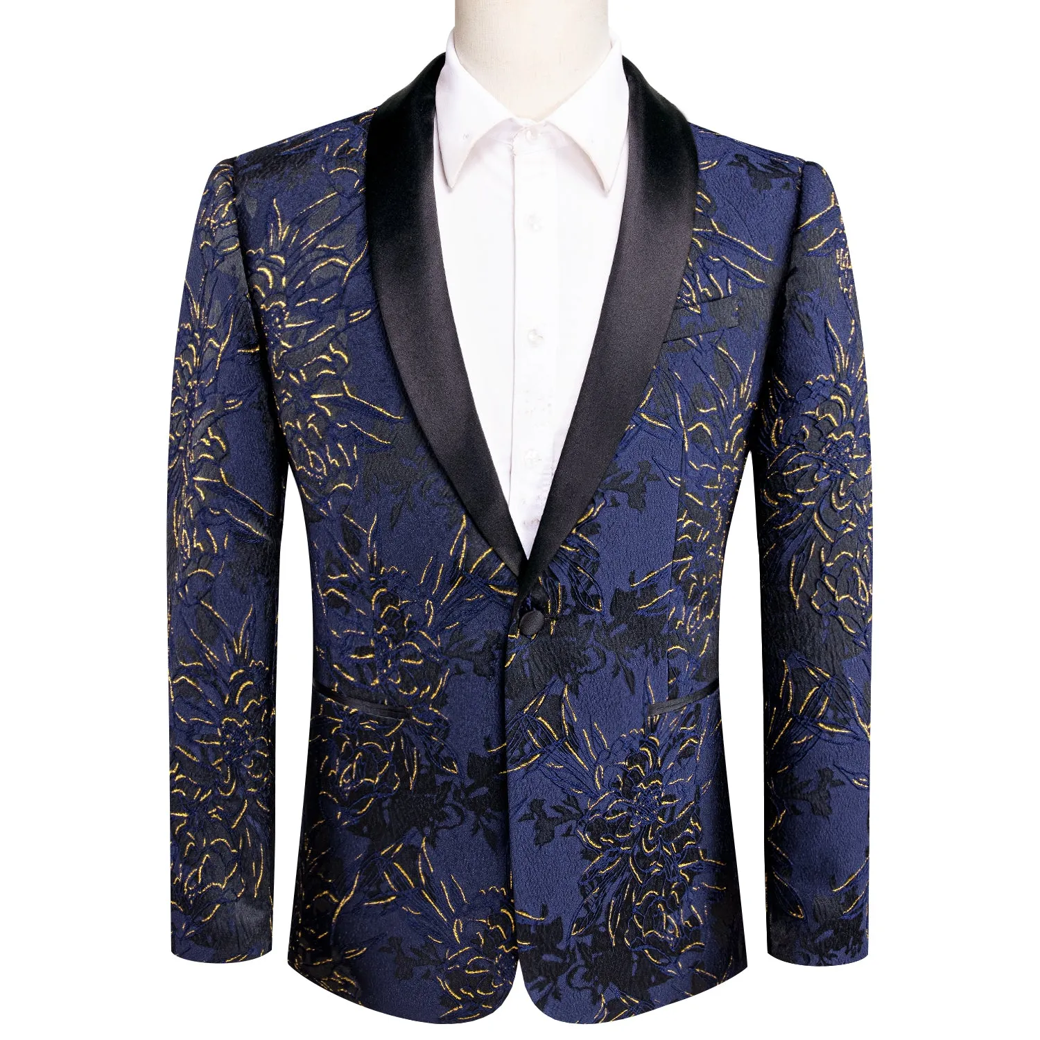 Hi-Tie Black Shawl Lapel Luxury Blue Gold Engraved Men's Suit Set