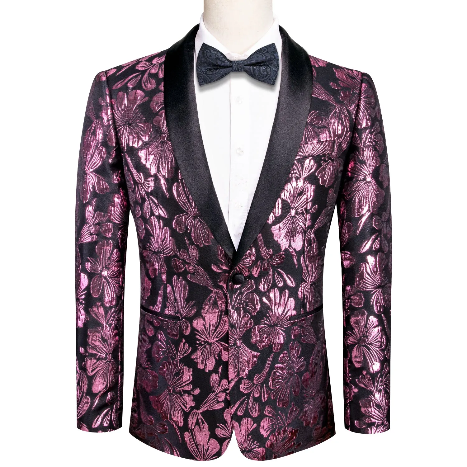 Hi-Tie Black Shawl Lapel Luxury Pink Floral Men's Suit Set