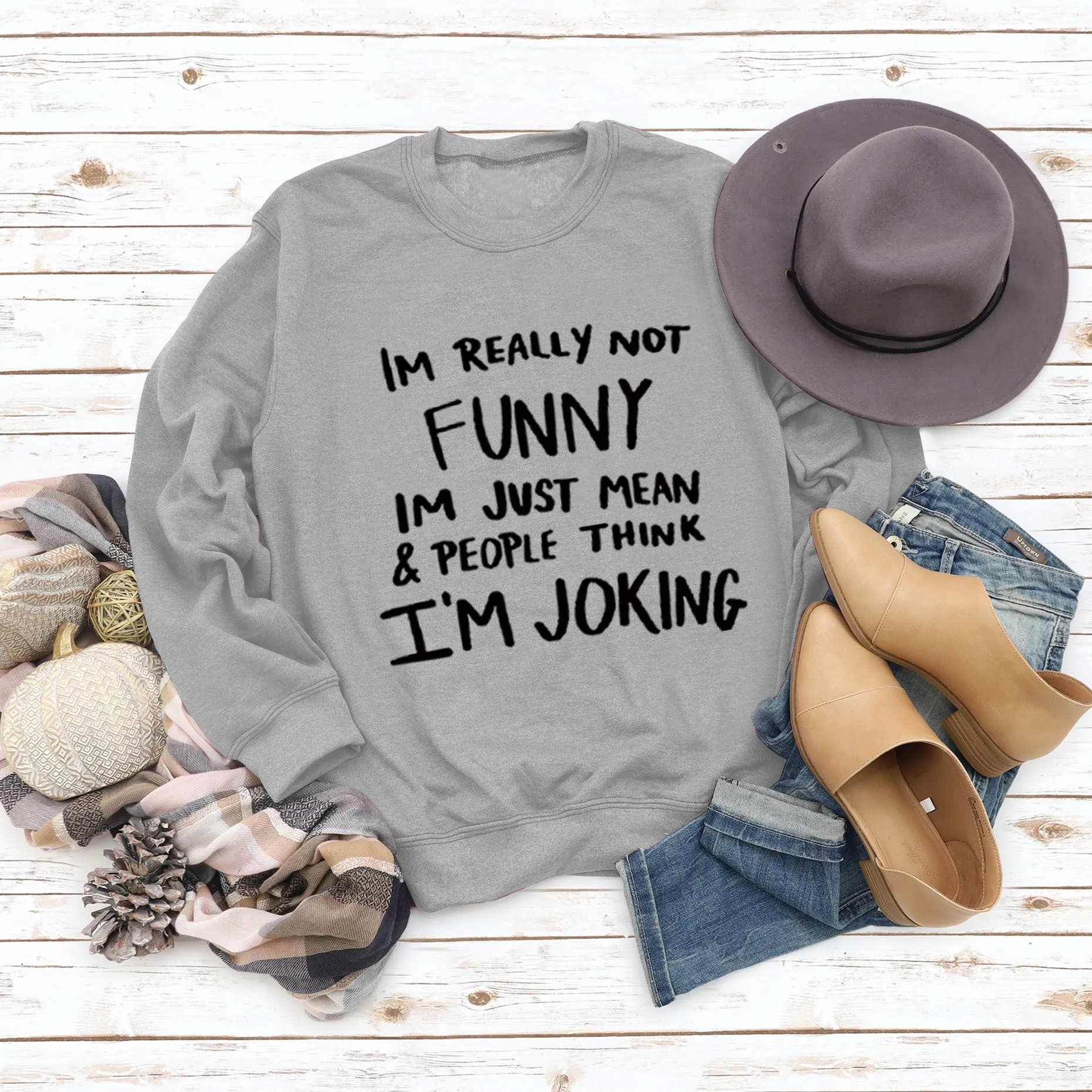 IM REALLY NOT FUNNY Round Neck Large Size Letters Women's Sweater Loose Long Sleeve