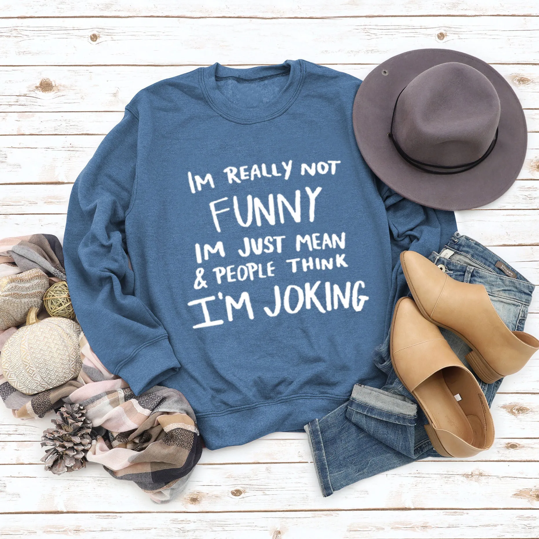 IM REALLY NOT FUNNY Round Neck Large Size Letters Women's Sweater Loose Long Sleeve