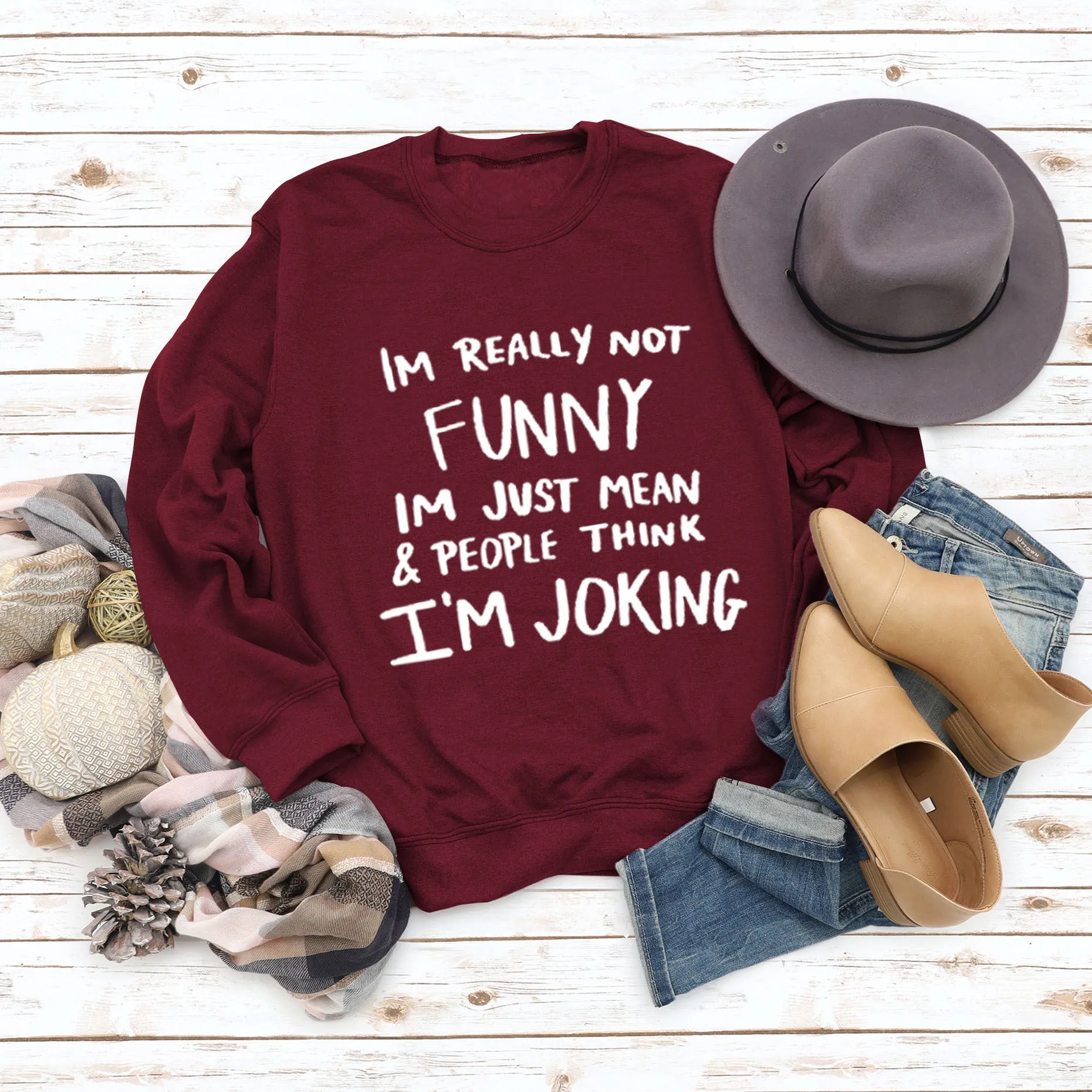 IM REALLY NOT FUNNY Round Neck Large Size Letters Women's Sweater Loose Long Sleeve