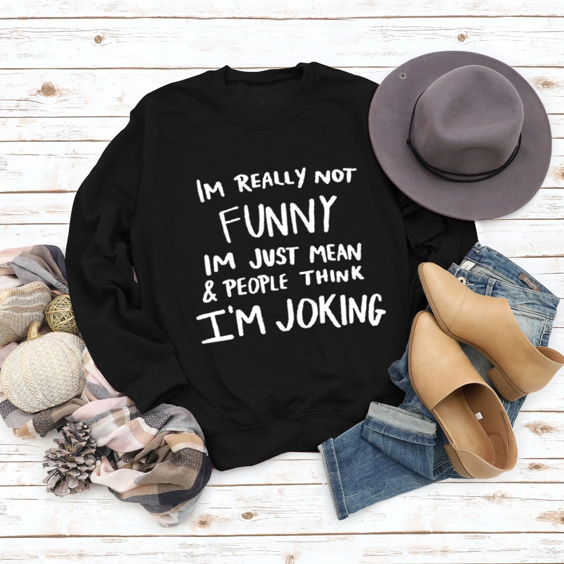 IM REALLY NOT FUNNY Round Neck Large Size Letters Women's Sweater Loose Long Sleeve