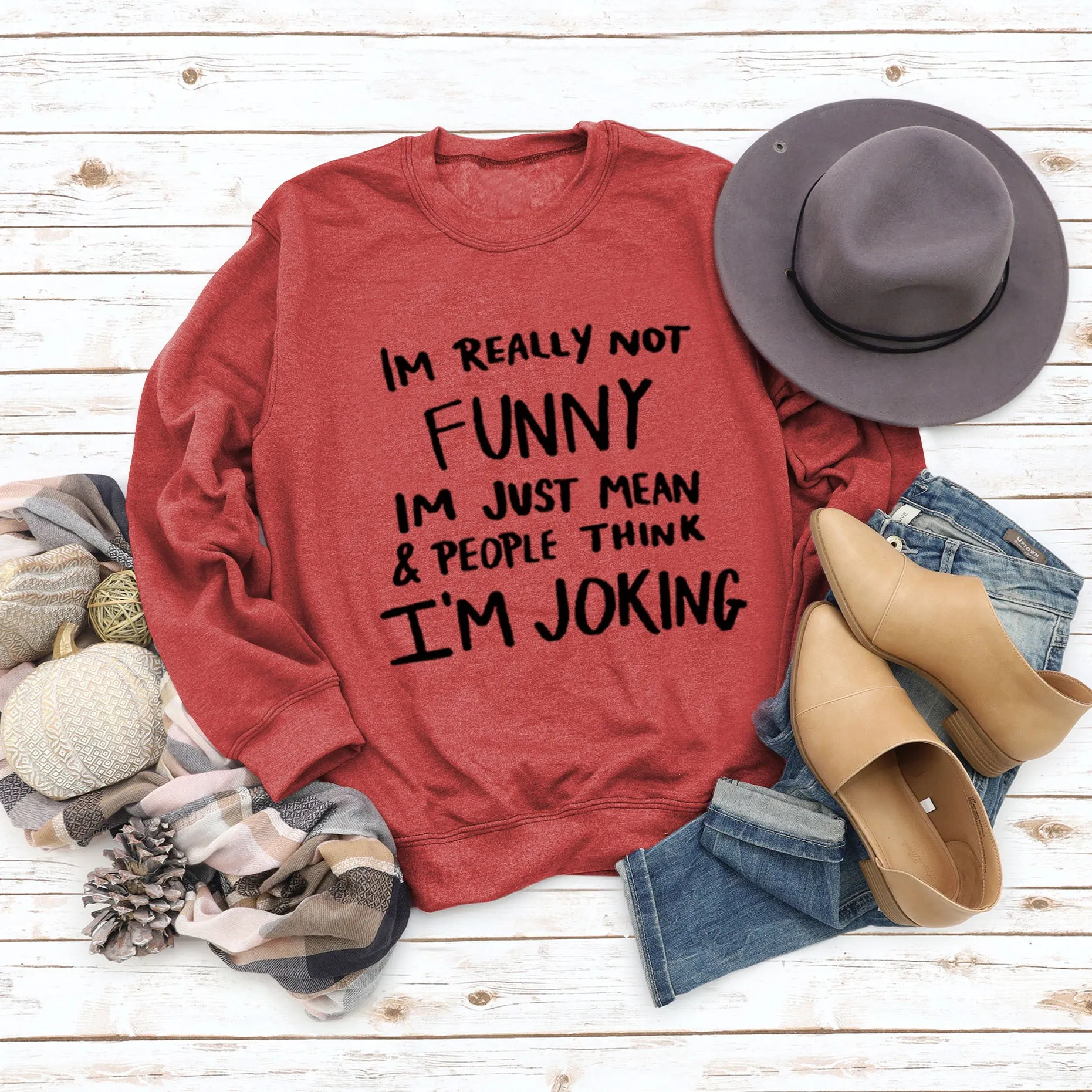 IM REALLY NOT FUNNY Round Neck Large Size Letters Women's Sweater Loose Long Sleeve