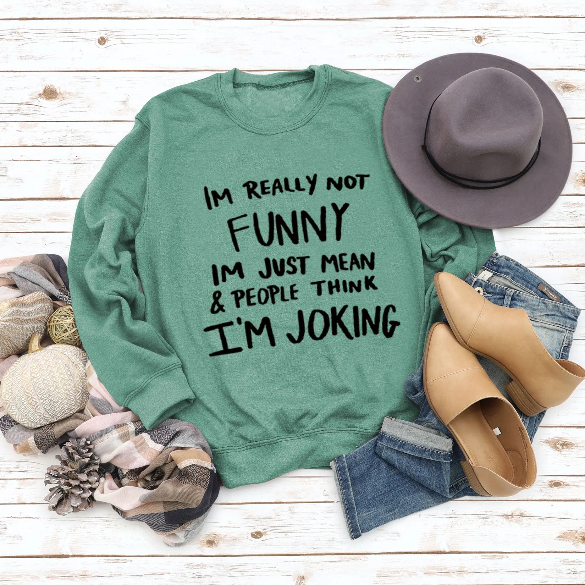 IM REALLY NOT FUNNY Round Neck Large Size Letters Women's Sweater Loose Long Sleeve