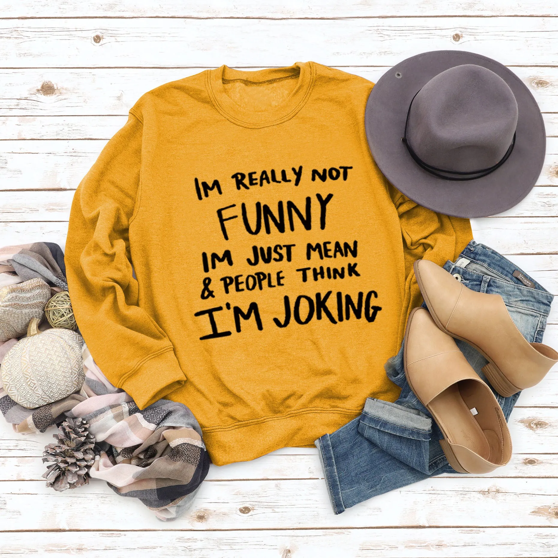 IM REALLY NOT FUNNY Round Neck Large Size Letters Women's Sweater Loose Long Sleeve