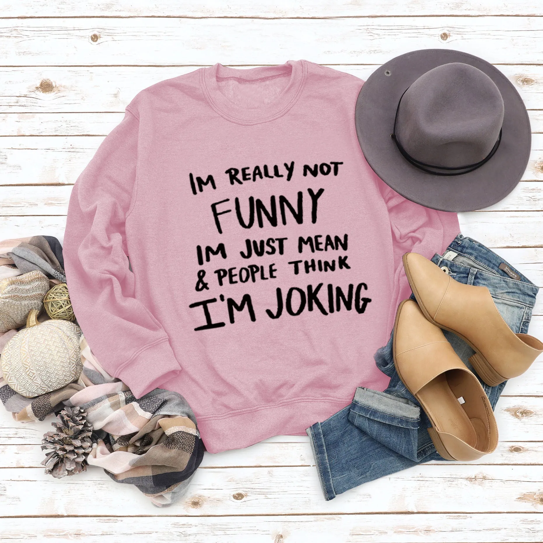 IM REALLY NOT FUNNY Round Neck Large Size Letters Women's Sweater Loose Long Sleeve