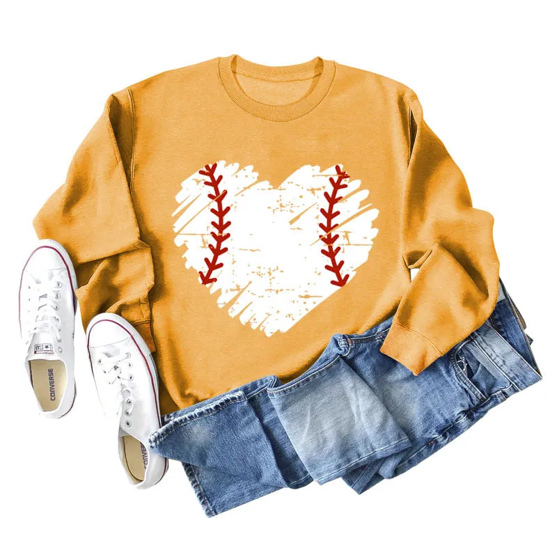 Love Baseball Print Round Neck Large Casual Long Sleeve Women's Sweater